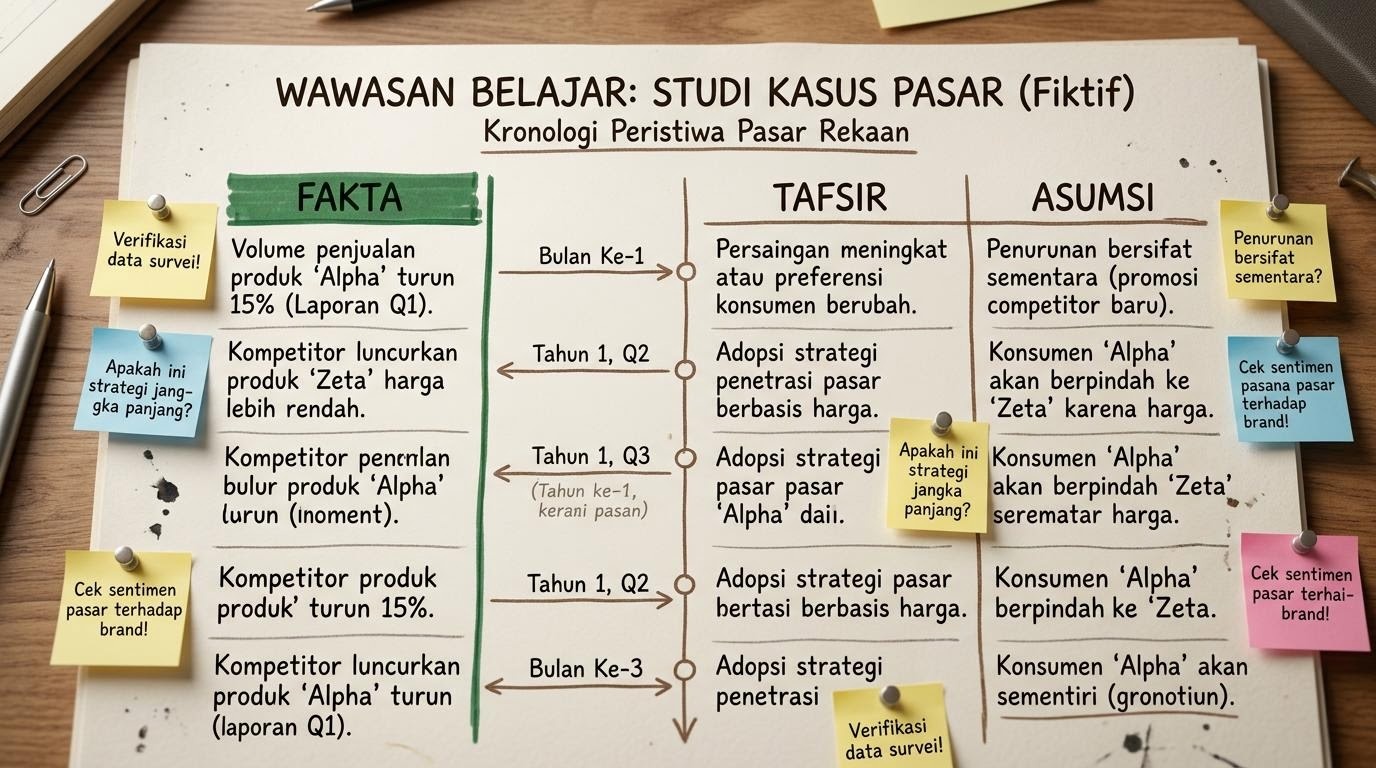 Papan catatan berisi kronologi peristiwa pasar dengan tiga kolom terpisah untuk fakta, tafsir, dan asumsi beserta anotasi tepi tulisan tangan