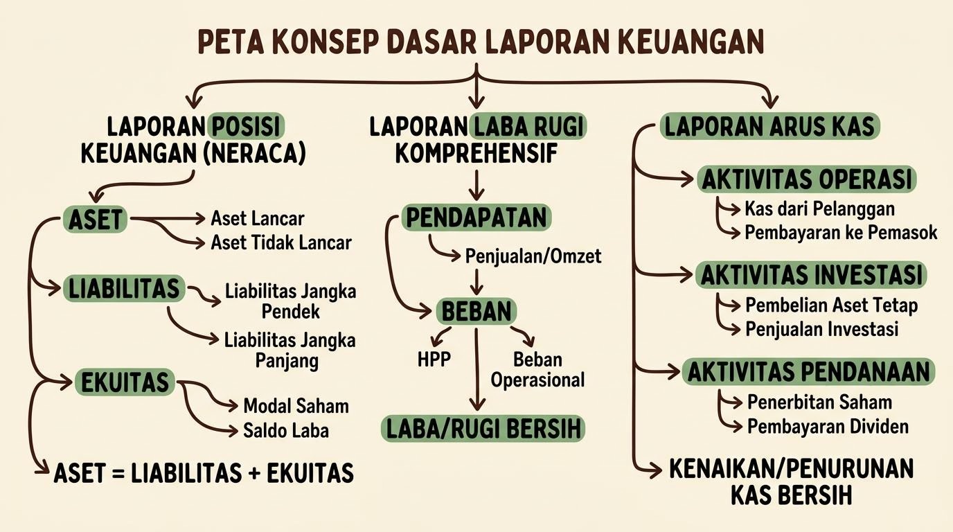 Ilustrasi struktur dasar laporan keuangan yang dipetakan pos demi pos dalam catatan
