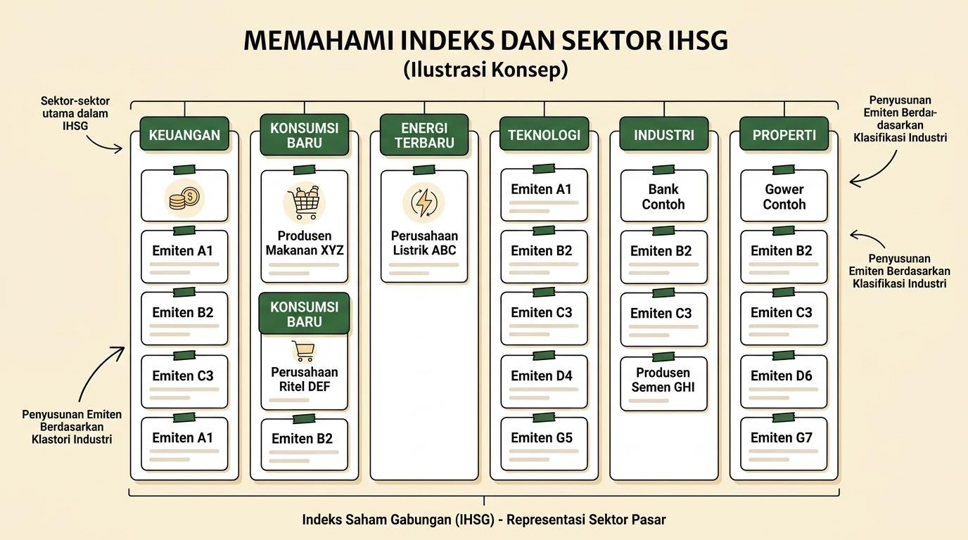 Diagram sebuah indeks yang merangkum banyak emiten menjadi satu garis, dengan pengelompokan sektor berwarna berbeda beserta anotasi tepi tulisan tangan