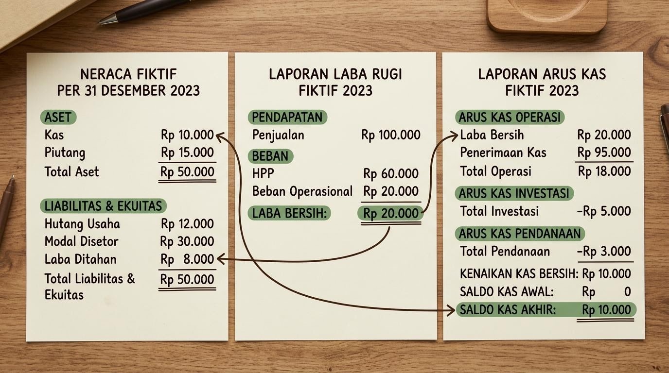 Ilustrasi tiga laporan keuangan inti yang disandingkan dalam catatan kasus rekaan