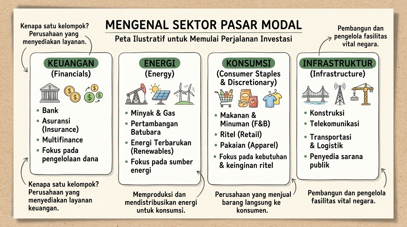 Ilustrasi pengelompokan emiten ke dalam beberapa sektor berbentuk kotak-kotak berlabel dengan anotasi tepi tulisan tangan